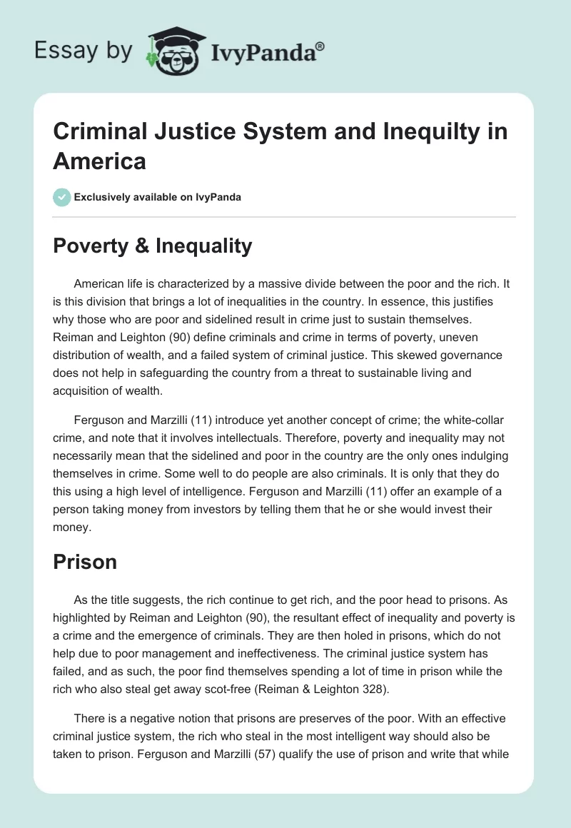 Criminal Justice System and Inequilty in America. Page 1