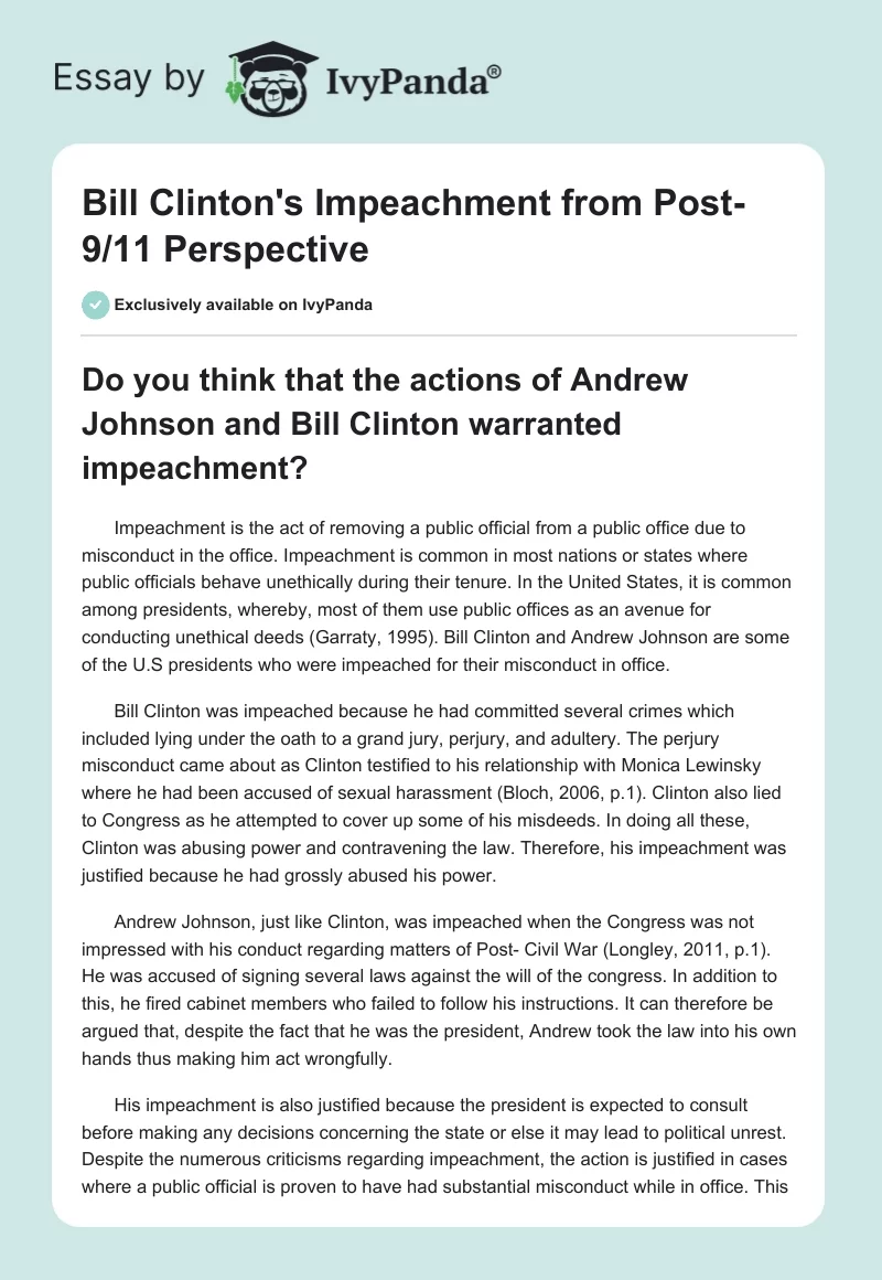 Bill Clinton's Impeachment From Post-9/11 Perspective. Page 1