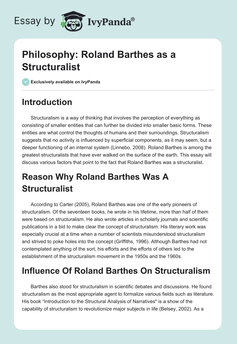 Philosophy: Roland Barthes as a Structuralist. Page 1