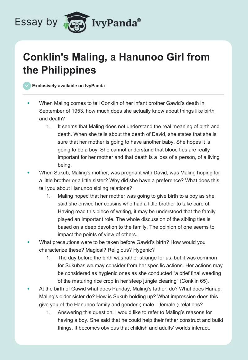 Conklin's "Maling, a Hanunoo Girl from the Philippines". Page 1