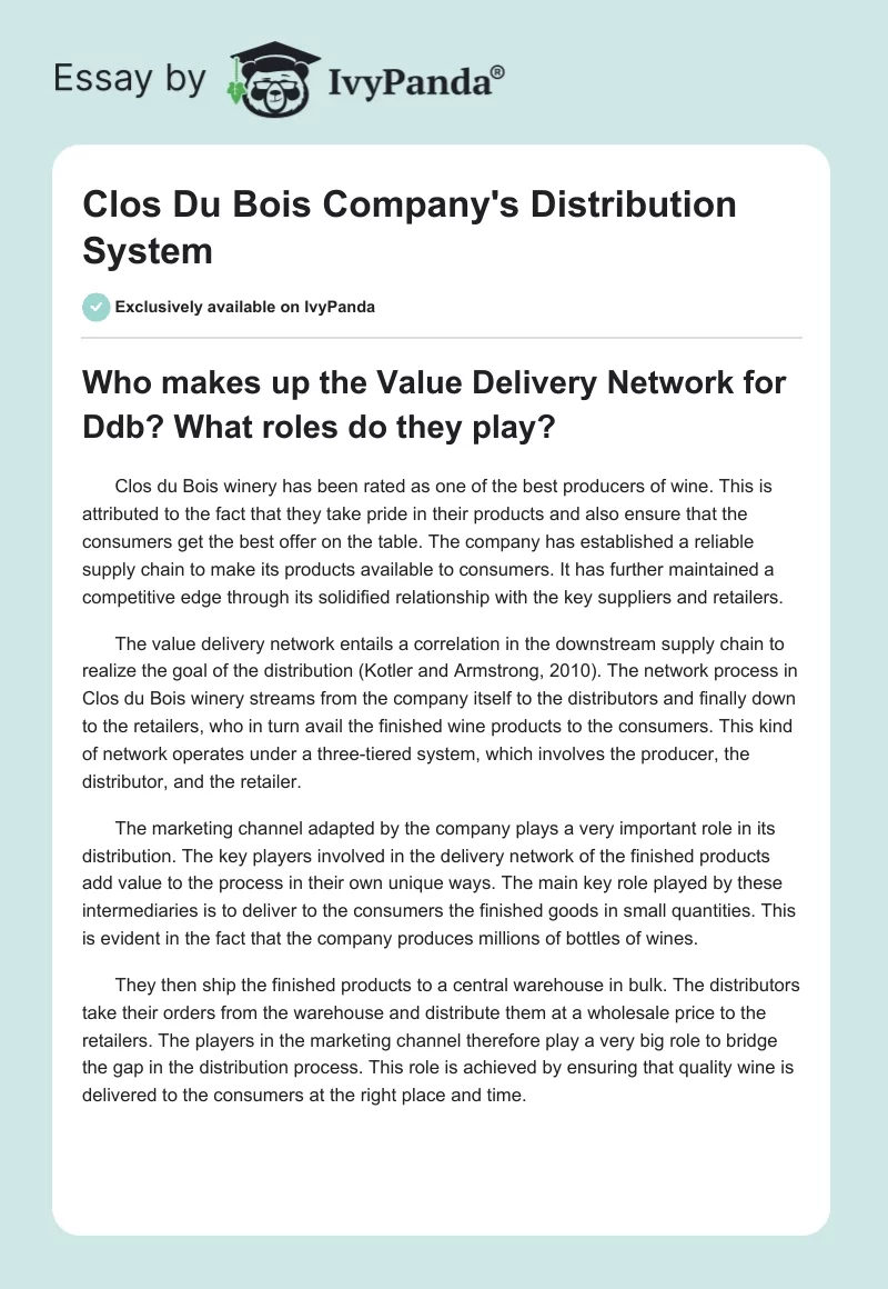 Clos Du Bois Company's Distribution System. Page 1
