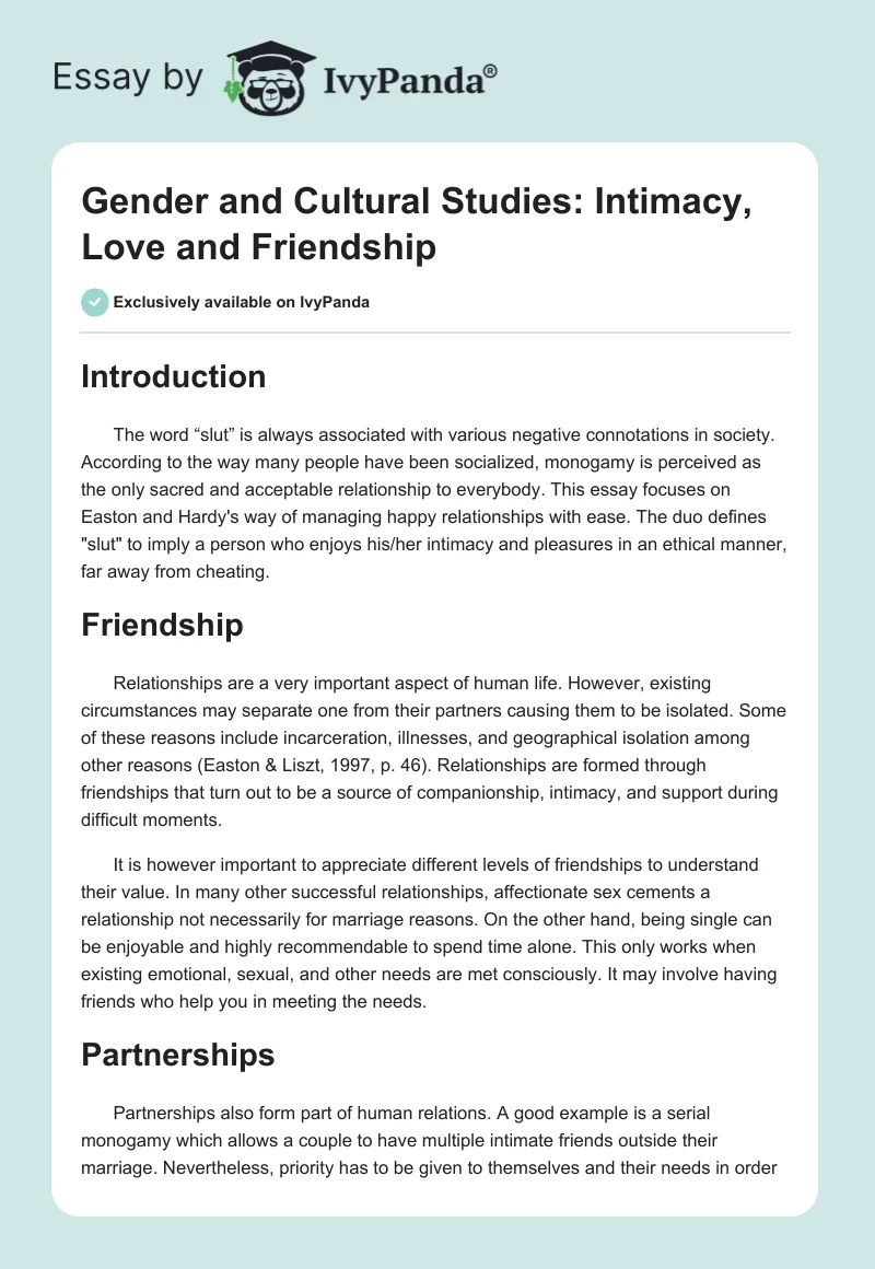 Gender and Cultural Studies: Intimacy, Love and Friendship. Page 1