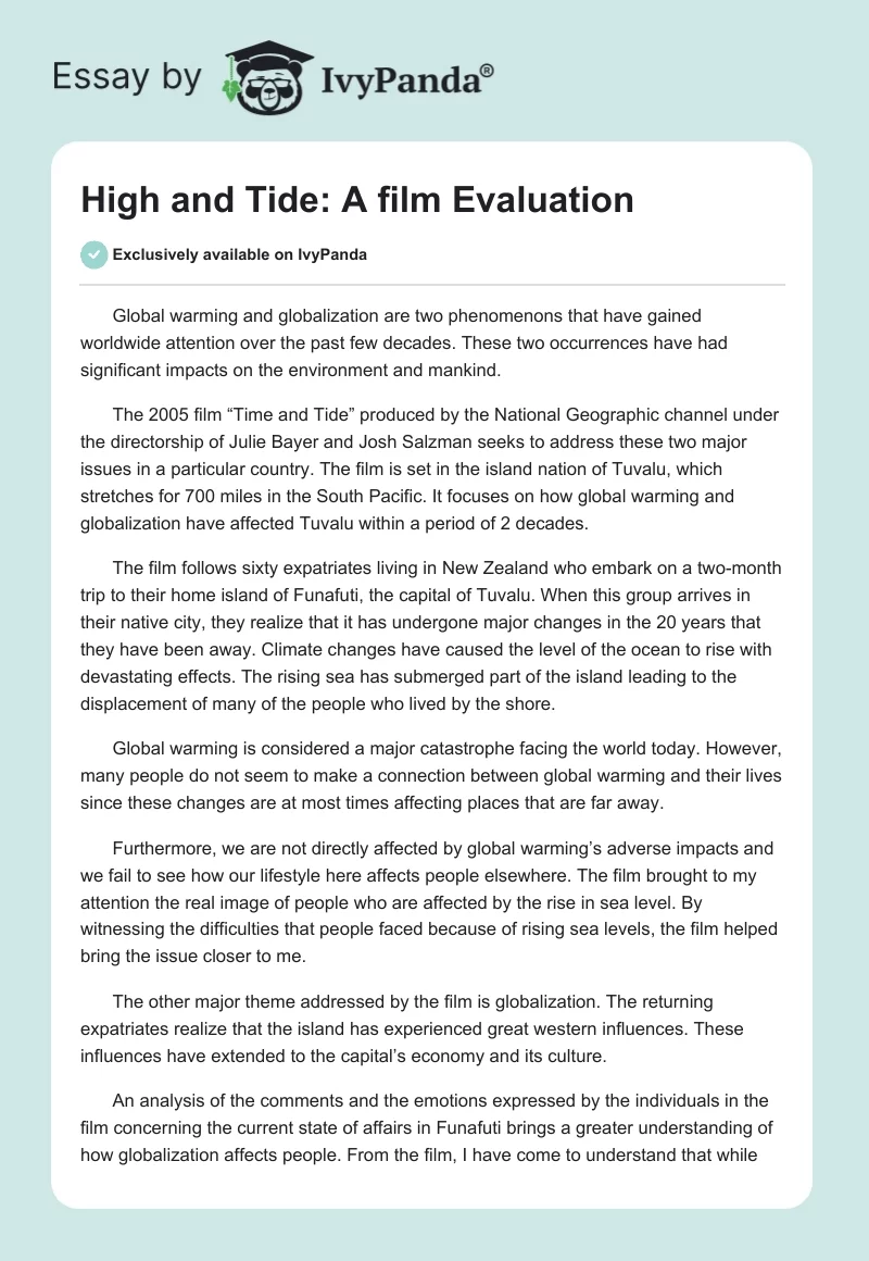 High and Tide: A film Evaluation. Page 1