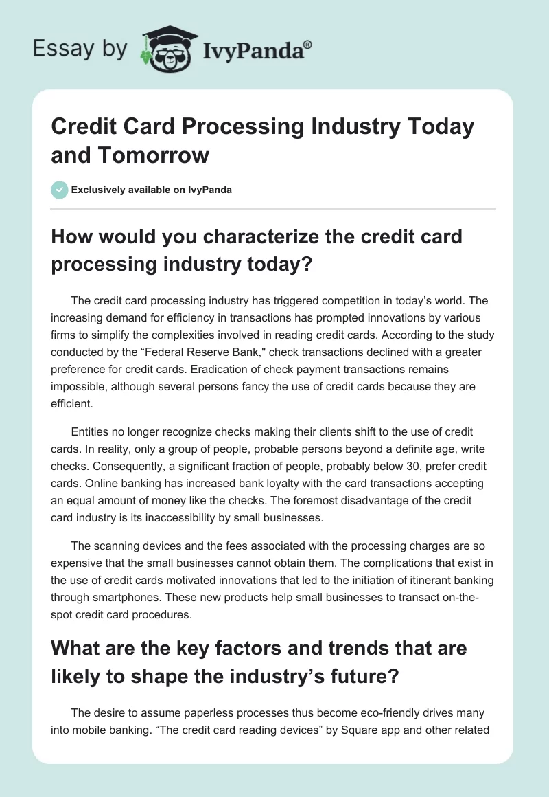 Credit Card Processing Industry Today and Tomorrow. Page 1