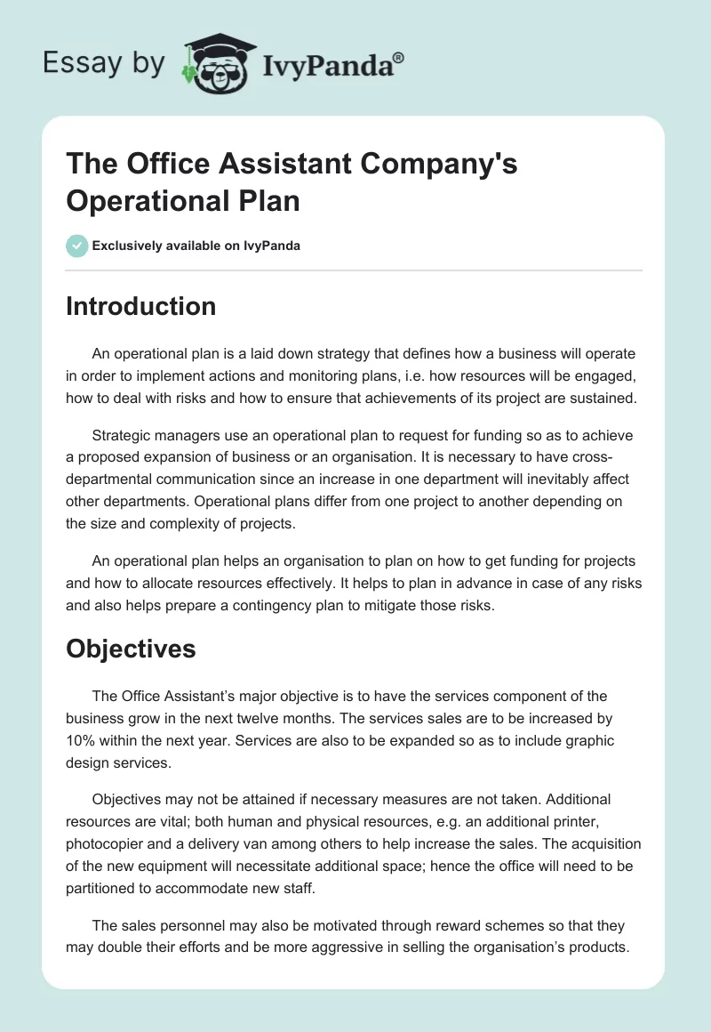 The Office Assistant Company's Operational Plan. Page 1
