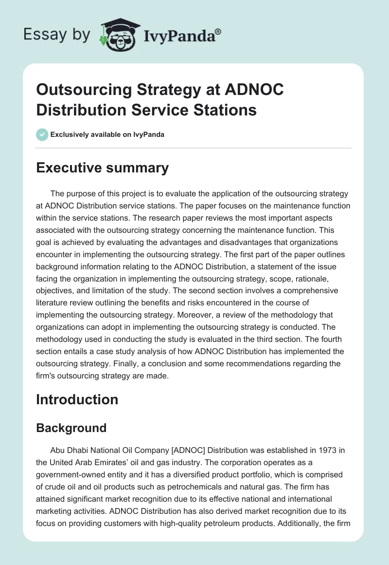 Outsourcing Strategy at ADNOC Distribution Service Stations. Page 1