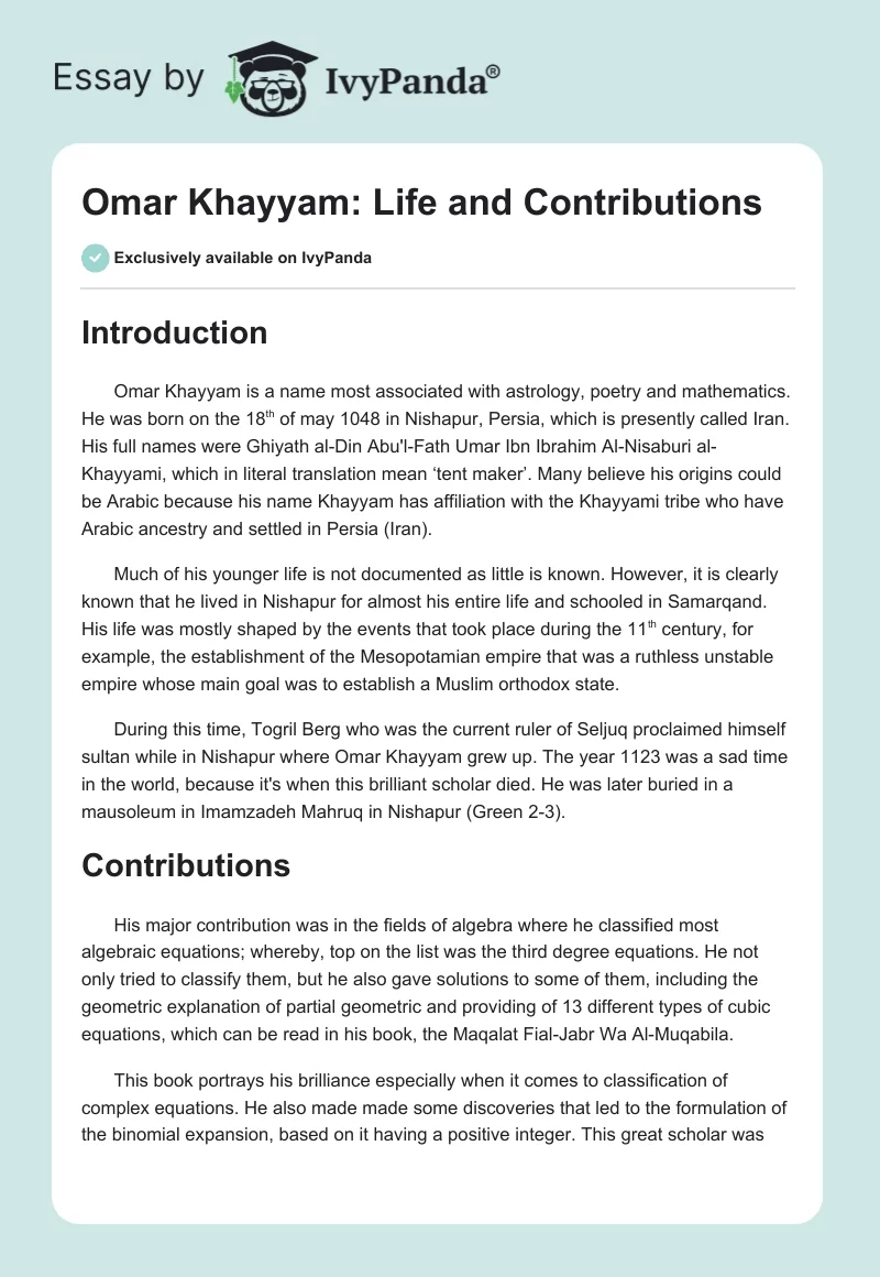 Omar Khayyam: Life and Contributions. Page 1