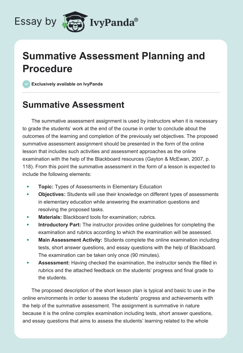 Summative Assessment Planning and Procedure. Page 1