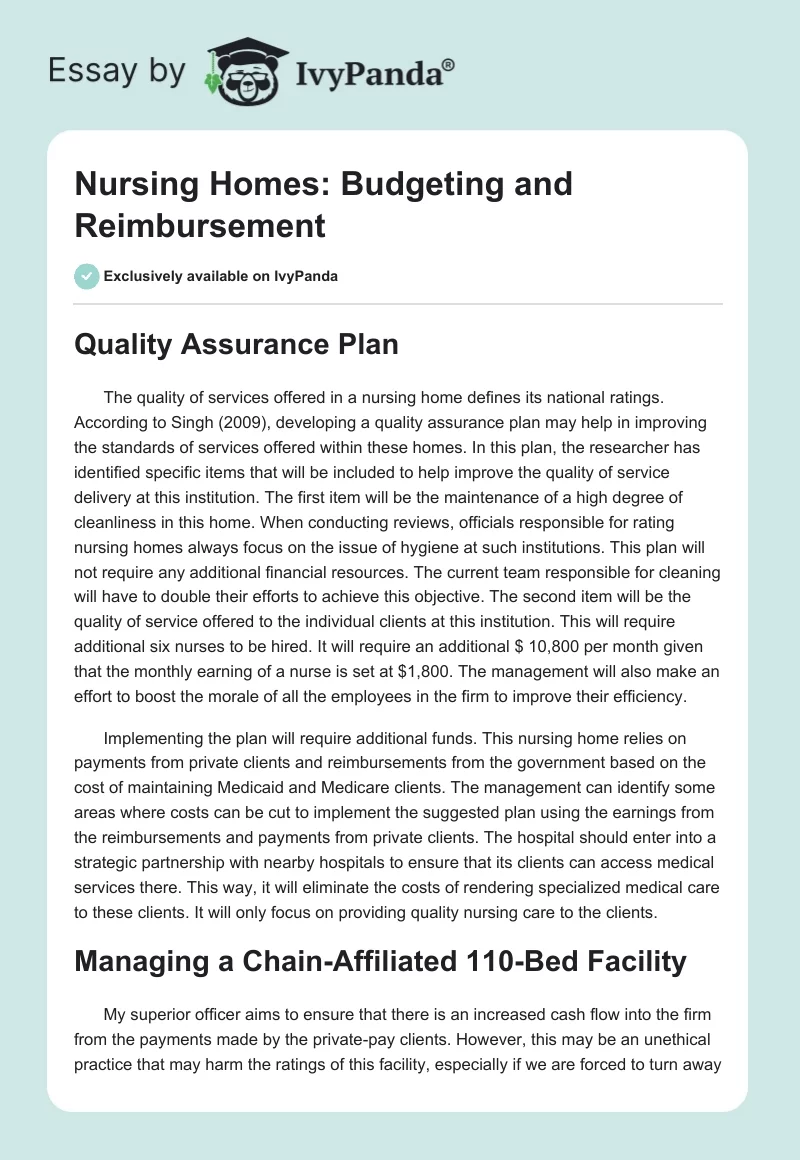 Nursing Homes: Budgeting and Reimbursement. Page 1