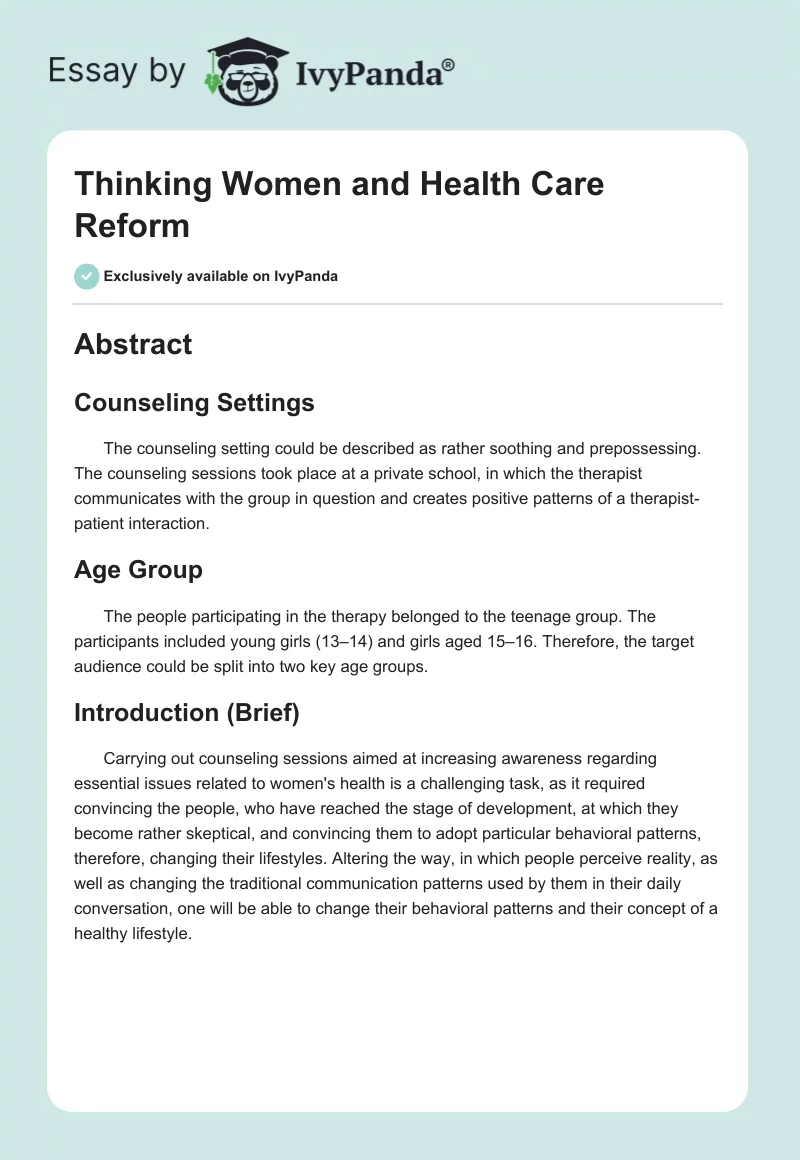 Thinking Women and Health Care Reform. Page 1