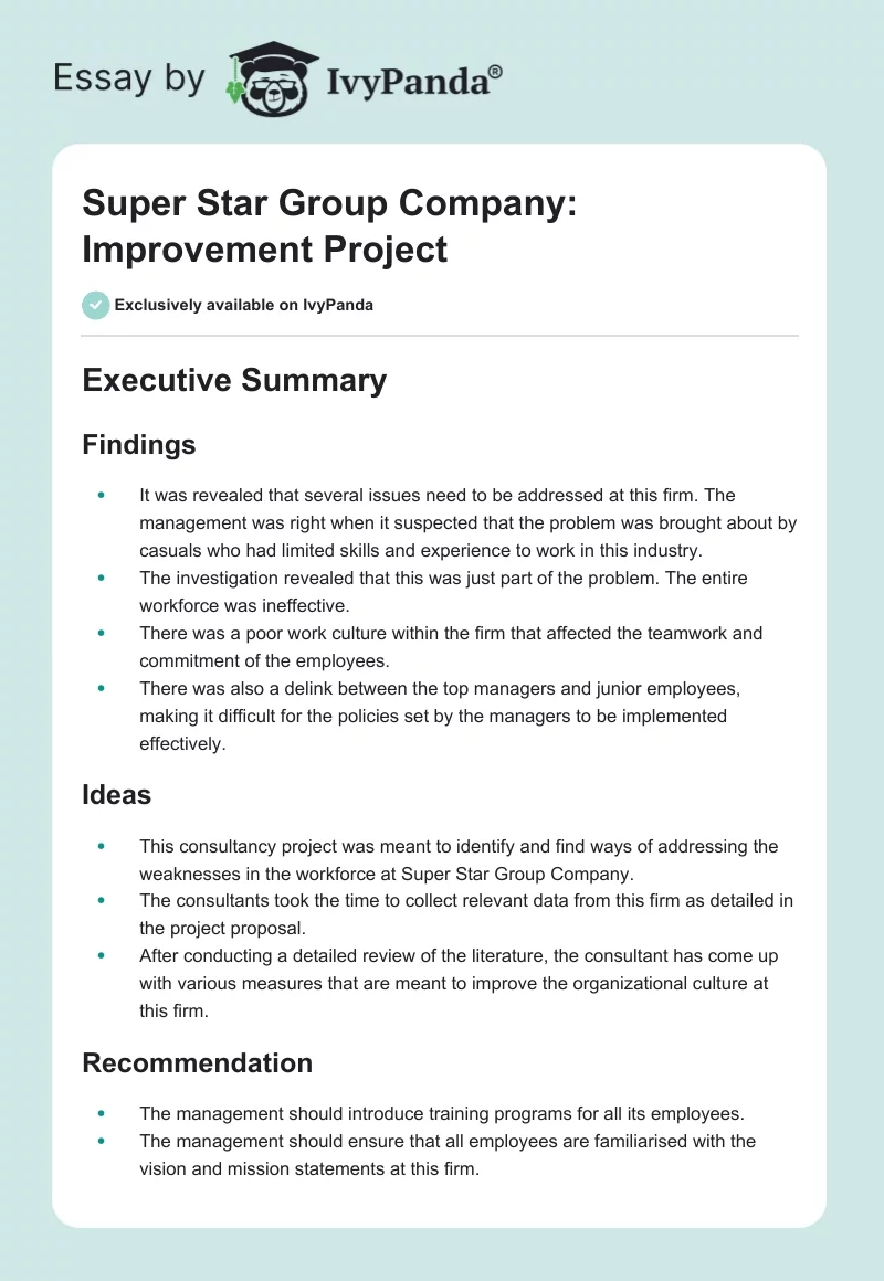 Super Star Group Company: Improvement Project. Page 1