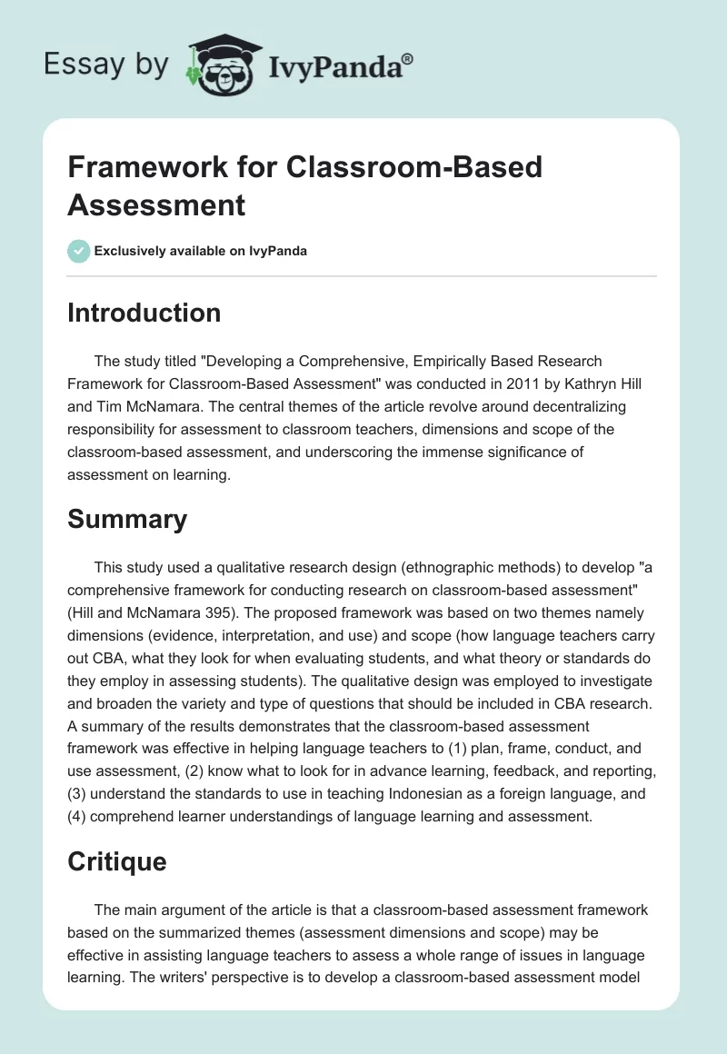 Framework for Classroom-Based Assessment. Page 1