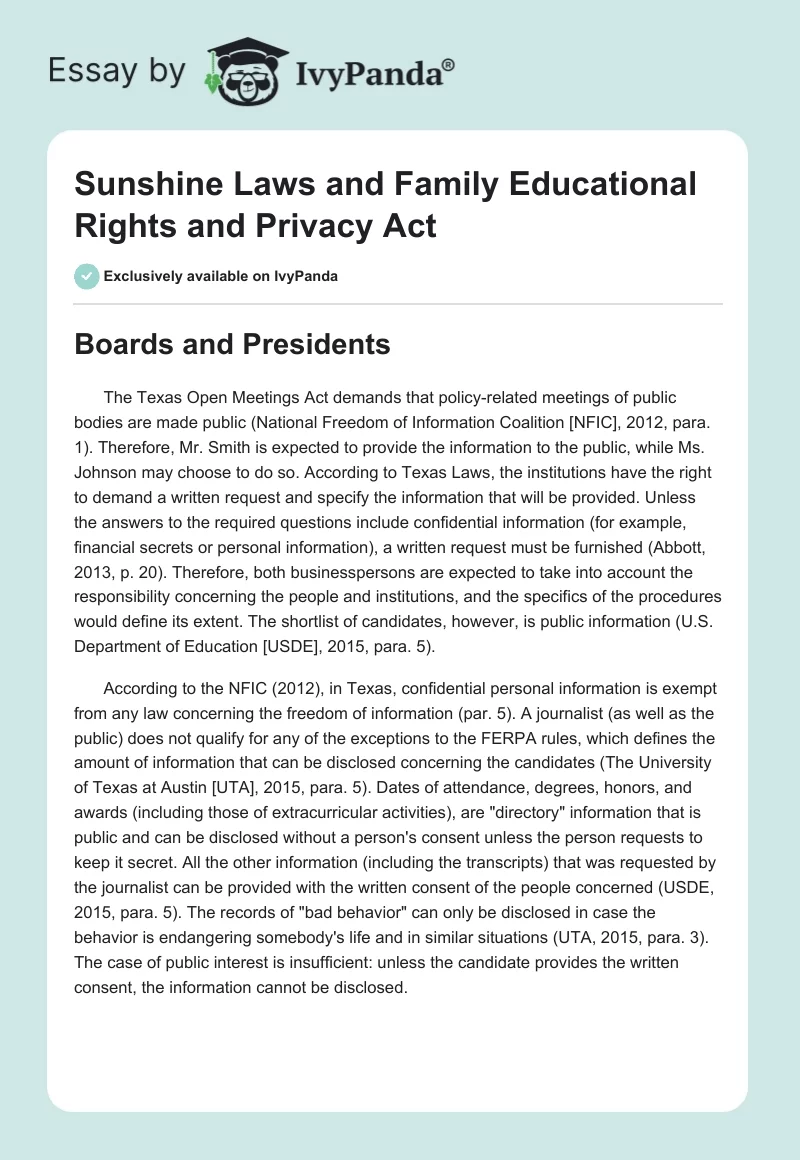 Sunshine Laws and Family Educational Rights and Privacy Act. Page 1
