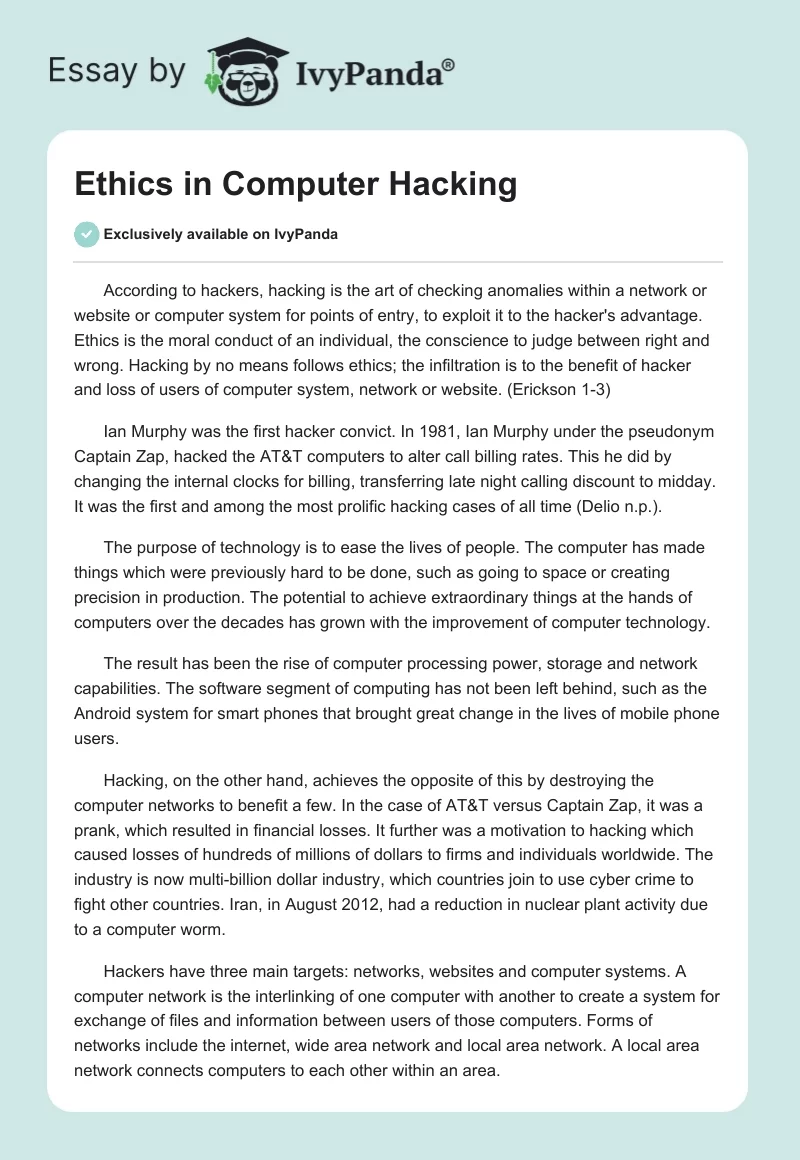 Ethics in Computer Hacking. Page 1