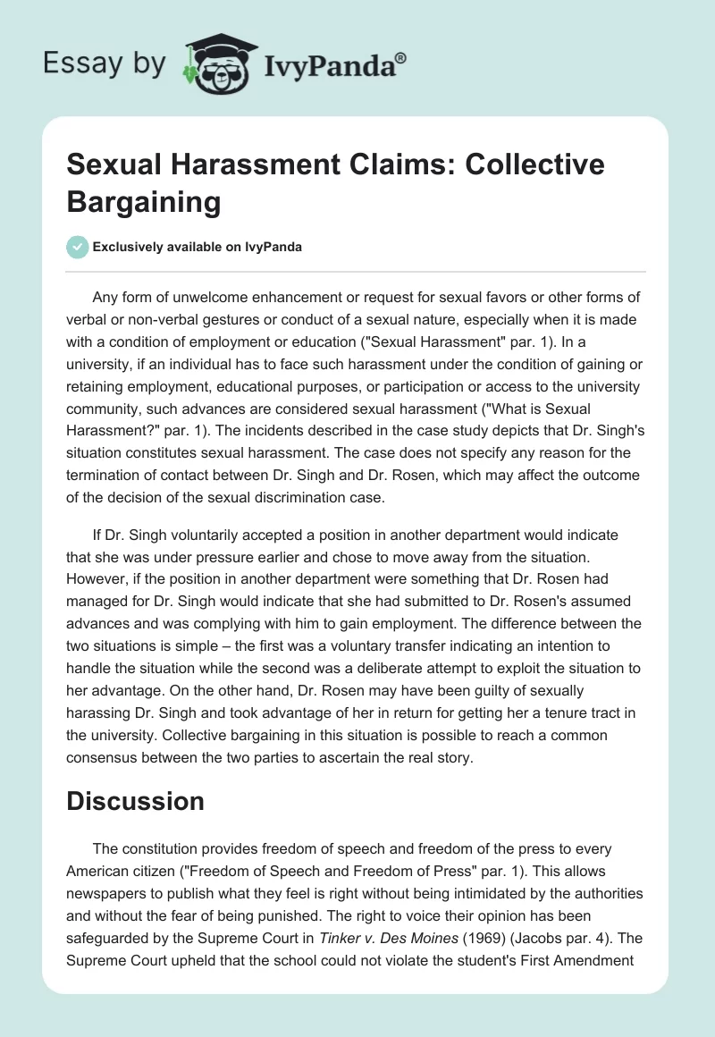 Sexual Harassment Claims: Collective Bargaining. Page 1