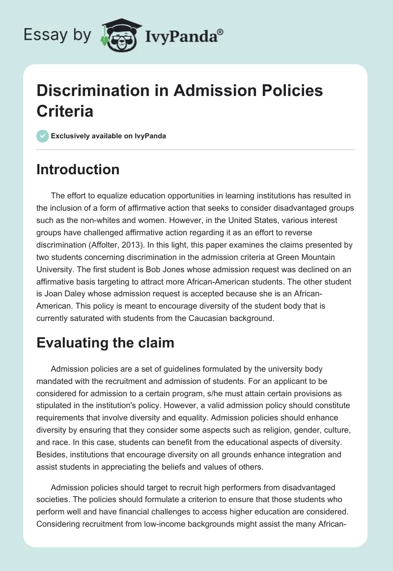 Discrimination in Admission Policies Criteria. Page 1