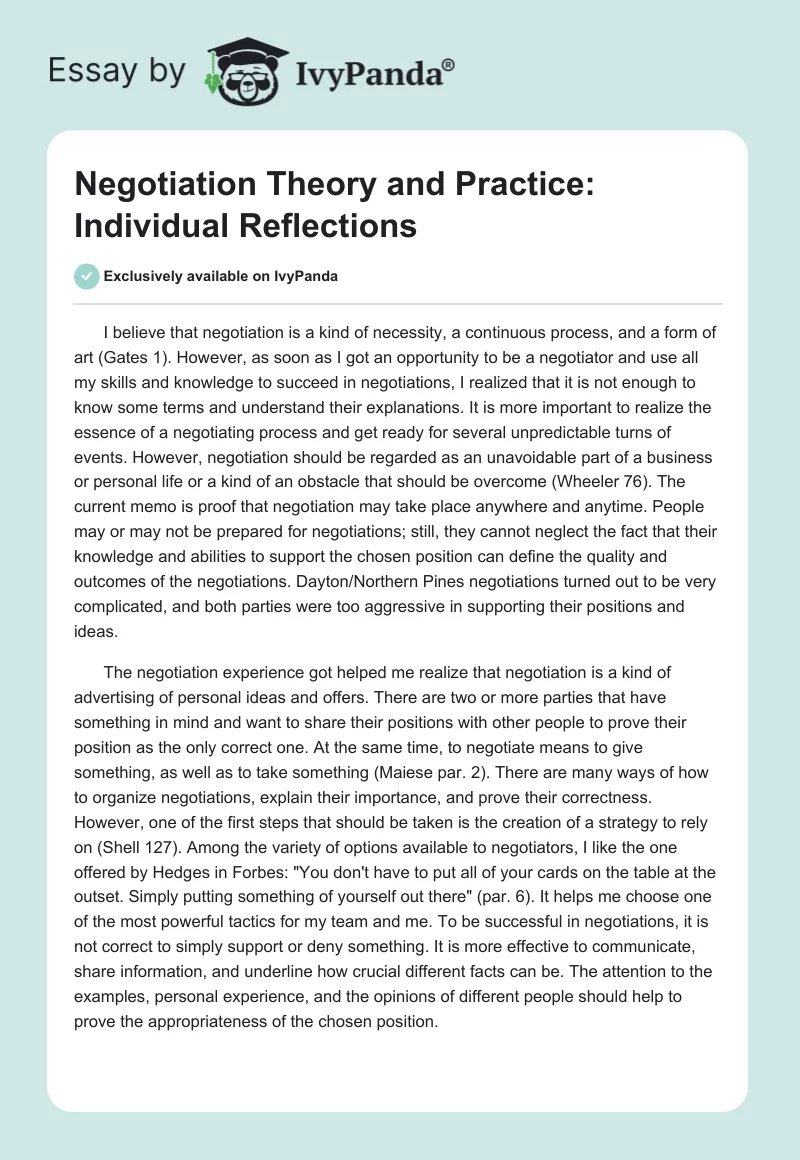 Negotiation Theory and Practice: Individual Reflections. Page 1