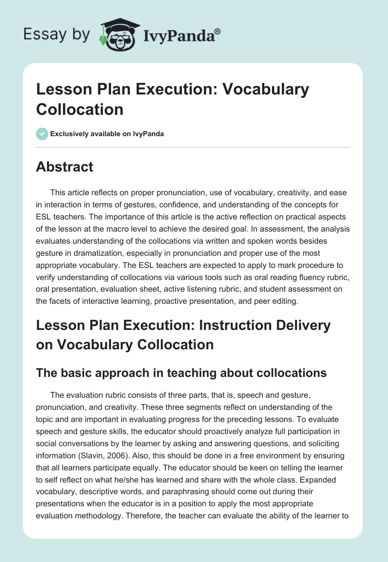 Lesson Plan Execution: Vocabulary Collocation. Page 1