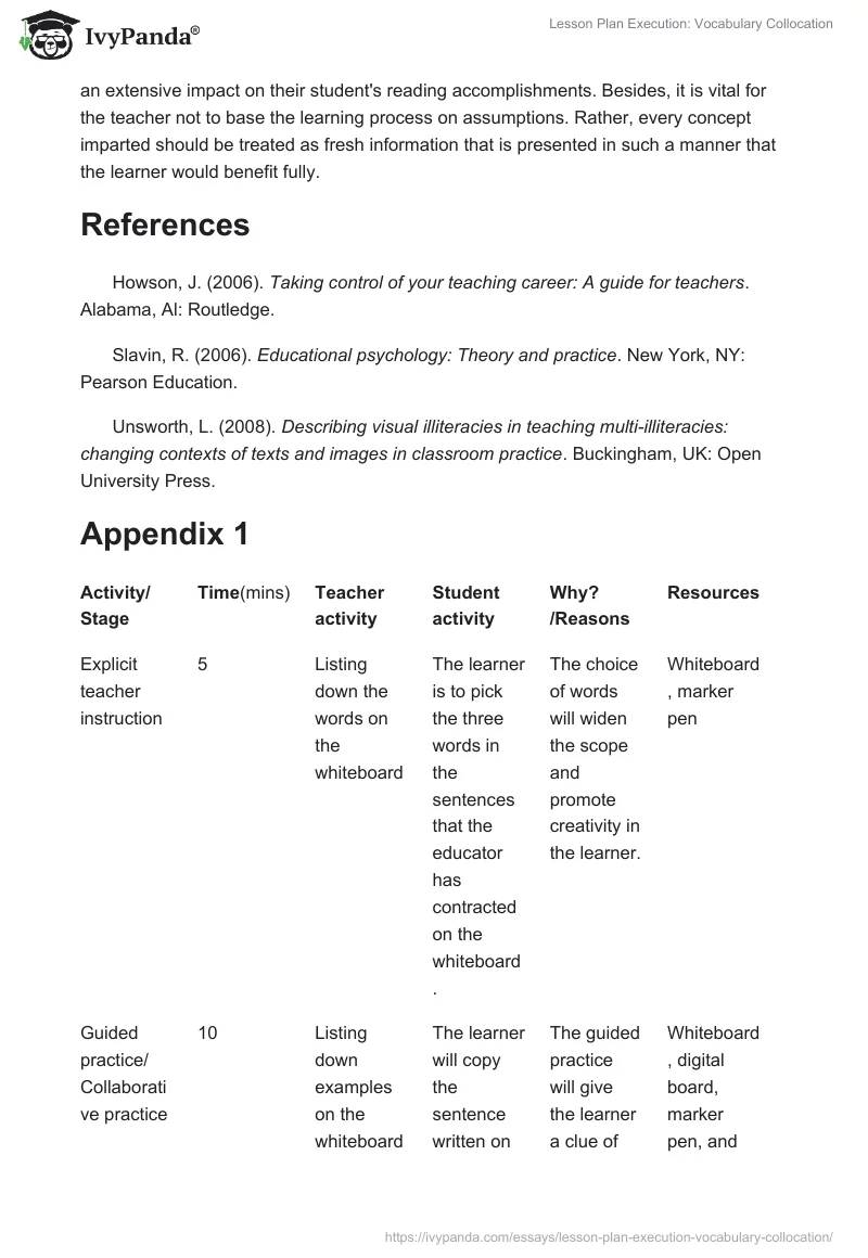 Lesson Plan Execution: Vocabulary Collocation. Page 4