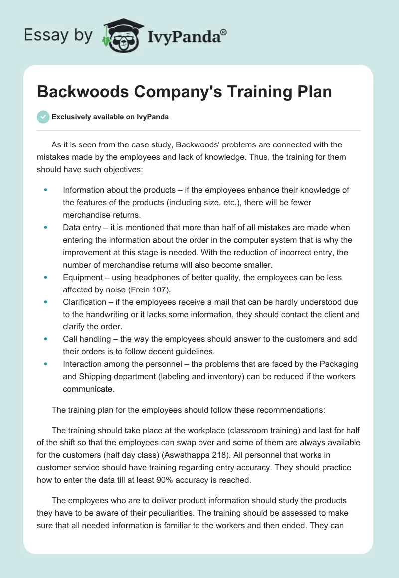 Backwoods Company's Training Plan. Page 1