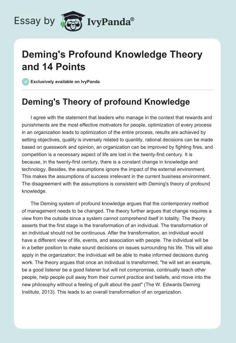Deming's Profound Knowledge Theory and 14 Points. Page 1