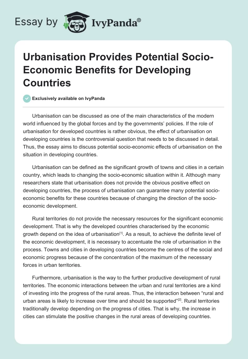 Urbanisation Provides Potential Socio-Economic Benefits for Developing Countries. Page 1