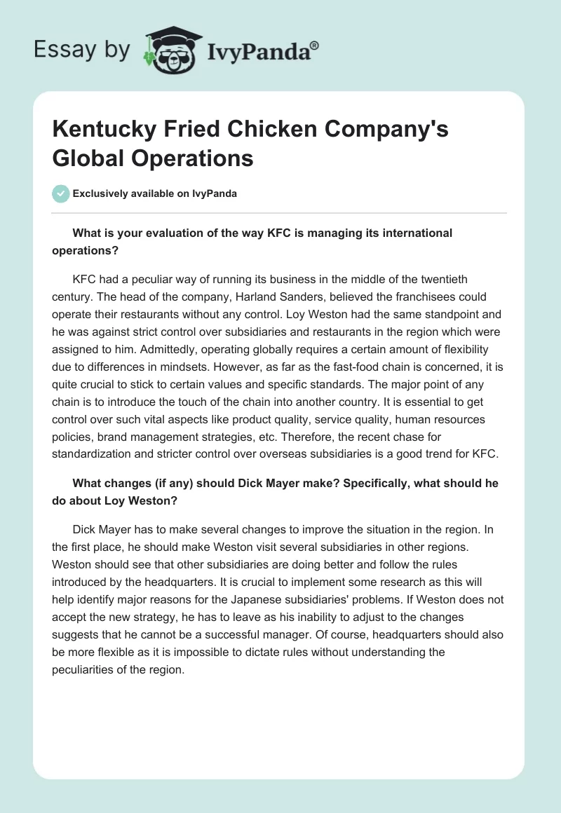 Kentucky Fried Chicken Company's Global Operations. Page 1