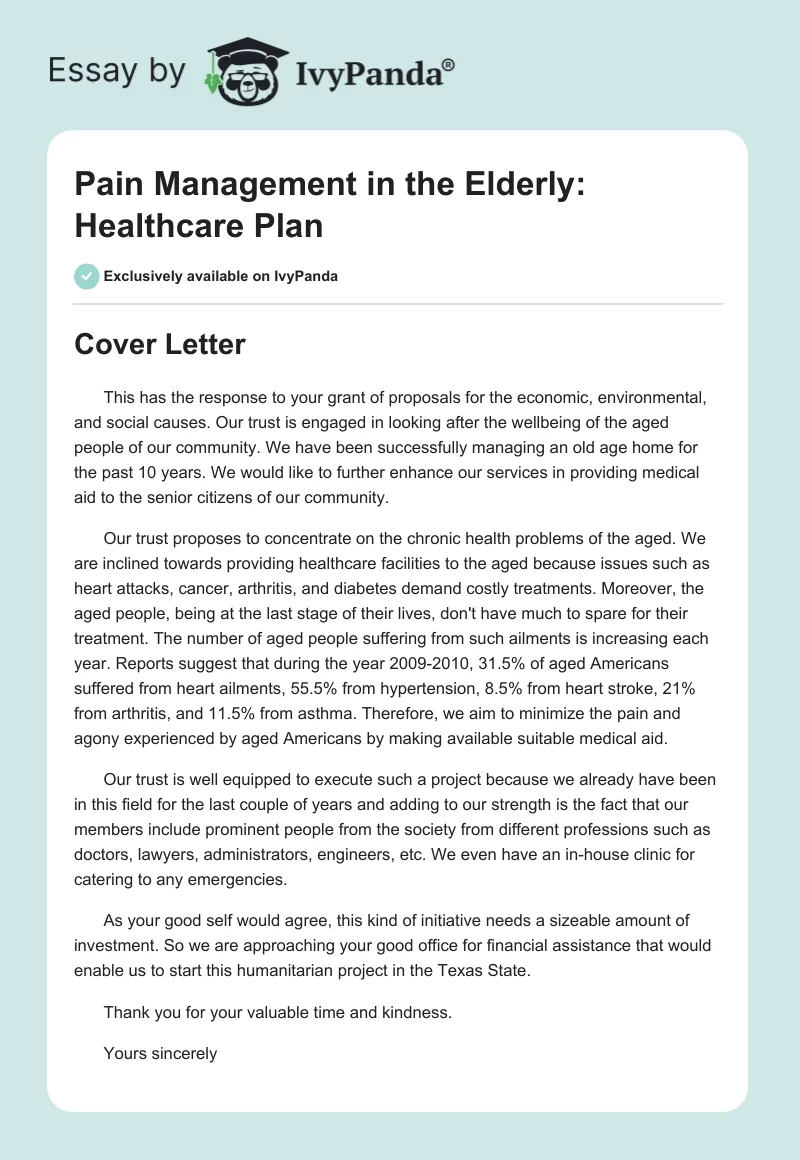 Pain Management in the Elderly: Healthcare Plan. Page 1
