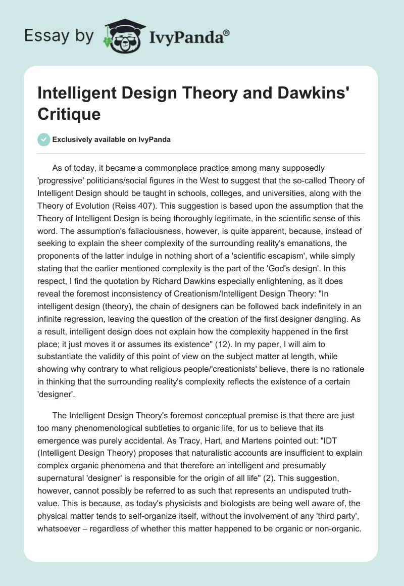 Intelligent Design Theory and Dawkins' Critique. Page 1