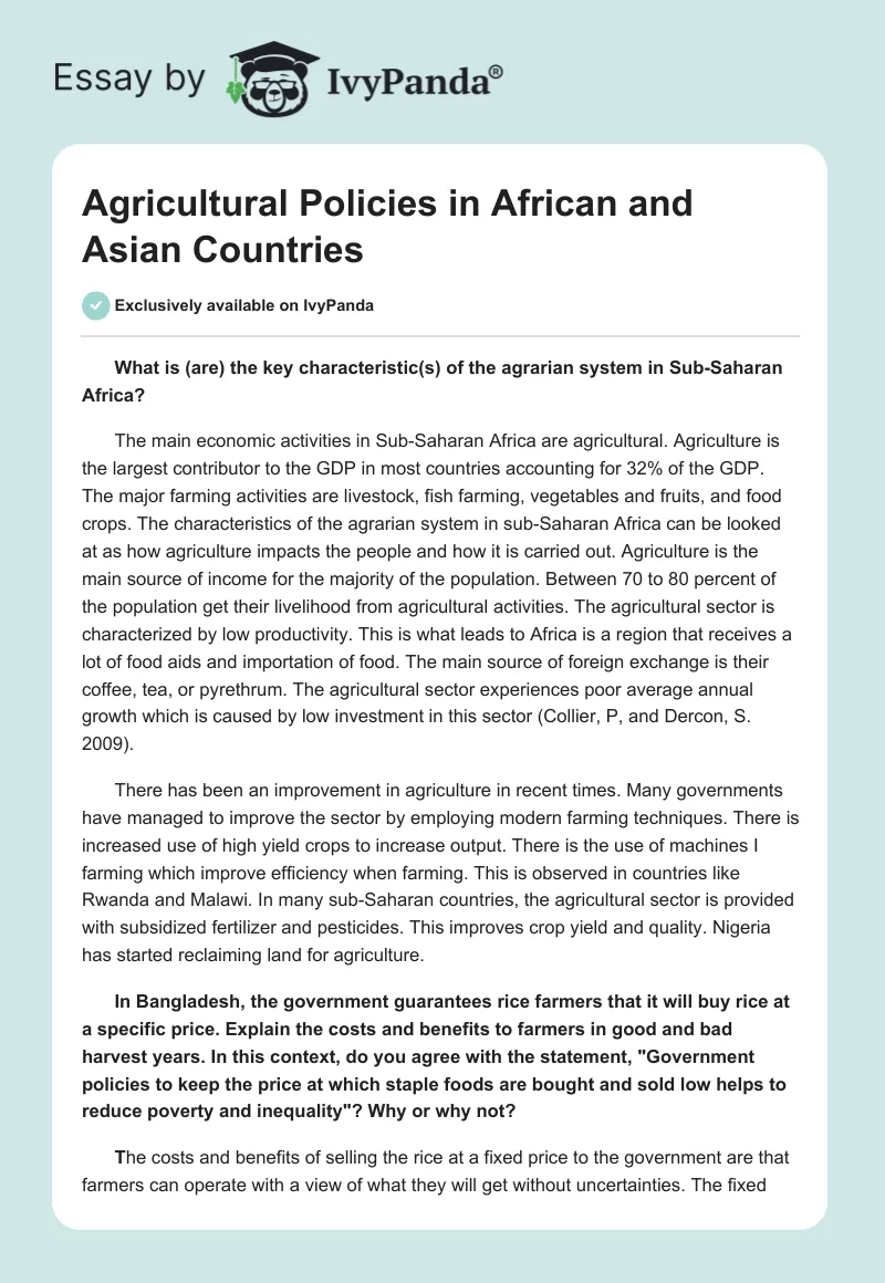 Agricultural Policies in African and Asian Countries. Page 1