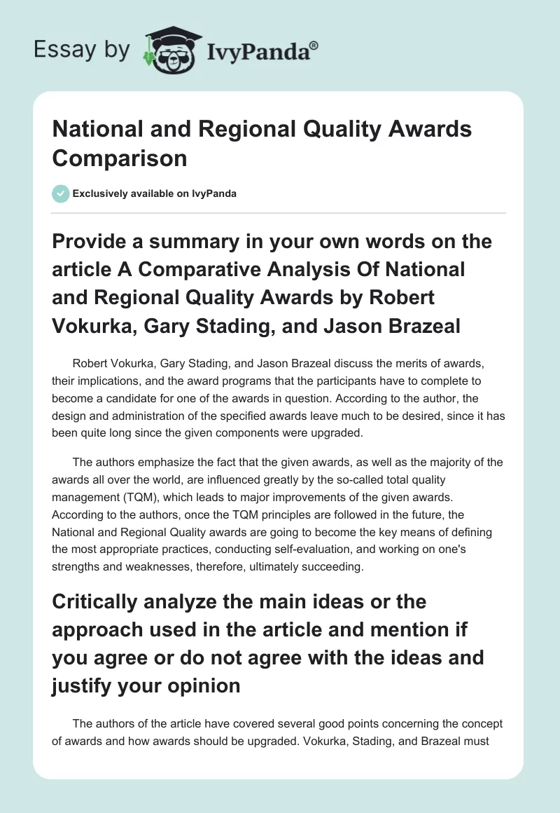 National and Regional Quality Awards Comparison. Page 1
