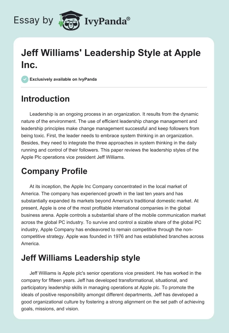 Jeff Williams' Leadership Style at Apple Inc.. Page 1