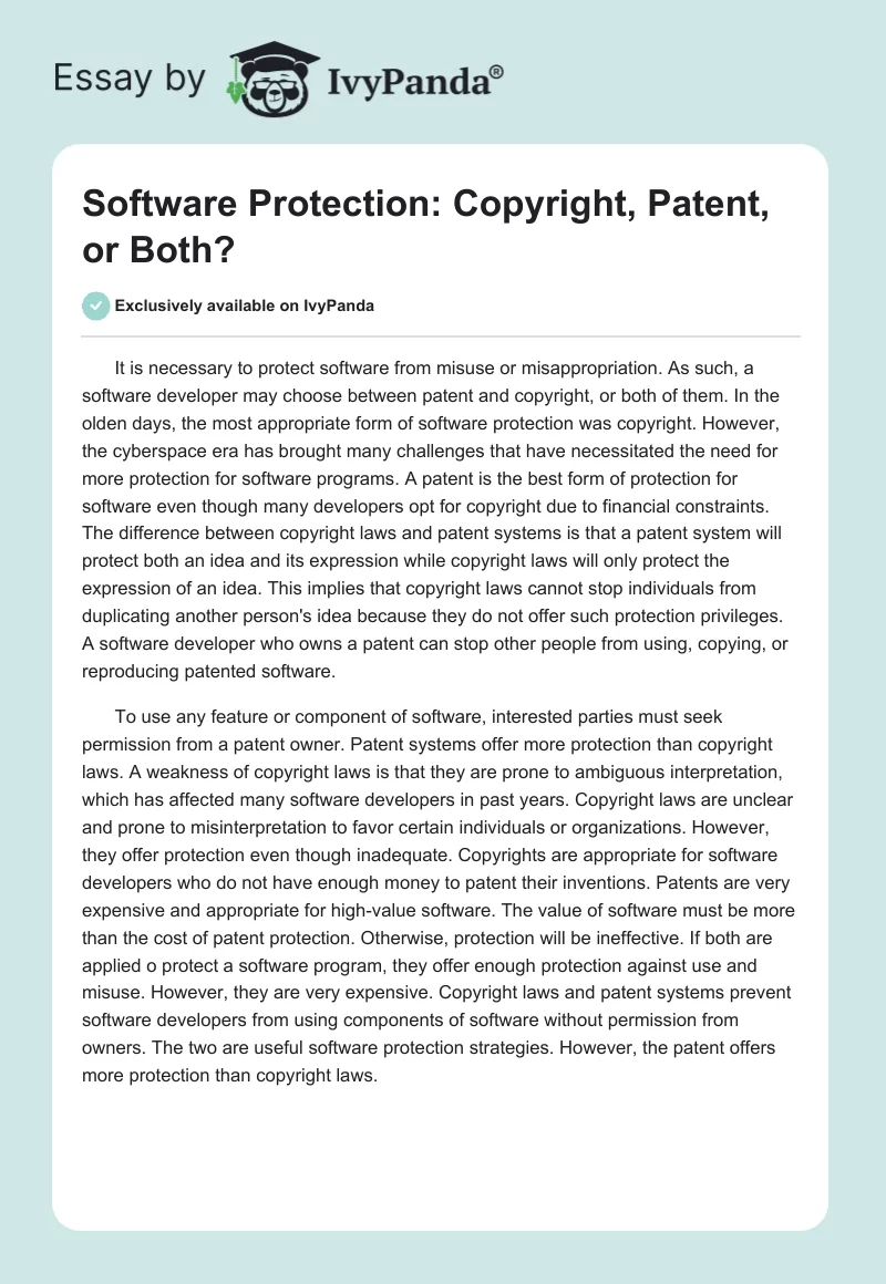 Software Protection: Copyright, Patent, or Both?. Page 1