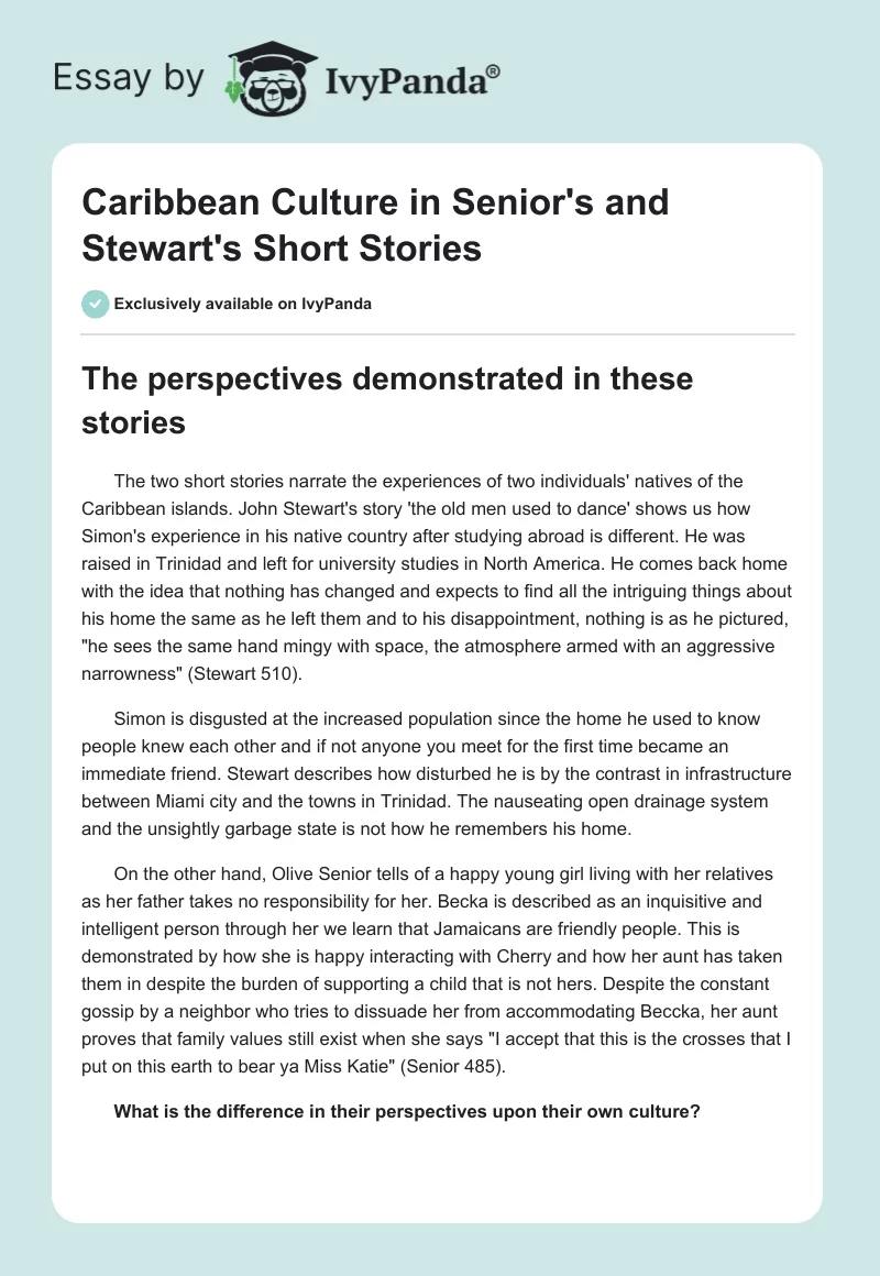 Caribbean Culture in Senior's and Stewart's Short Stories. Page 1