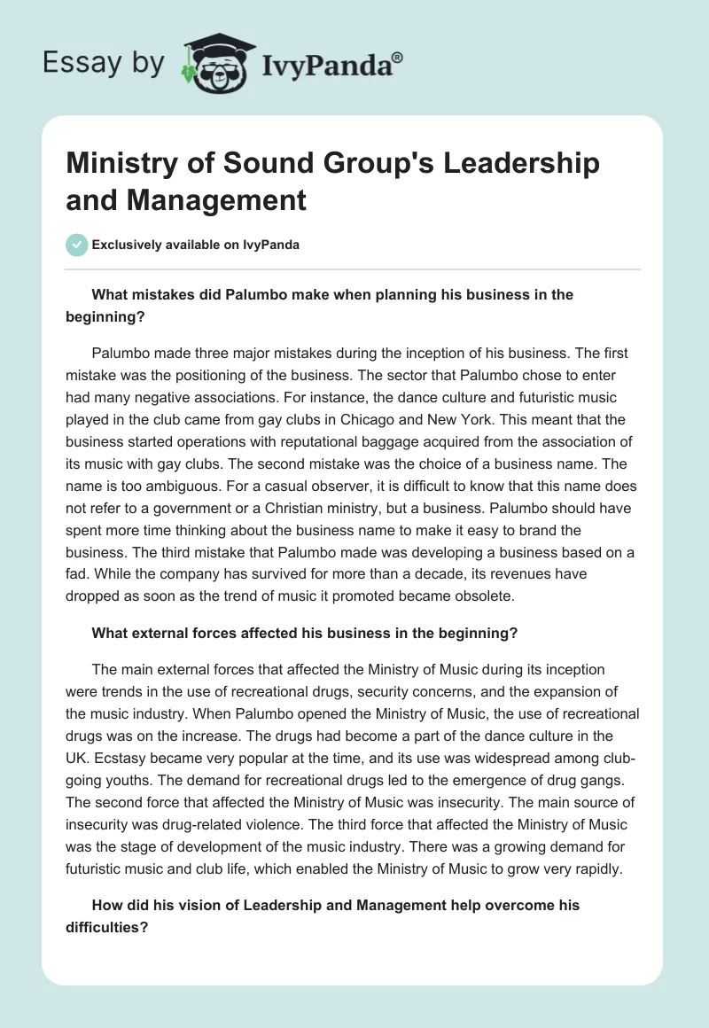 Ministry of Sound Group's Leadership and Management. Page 1