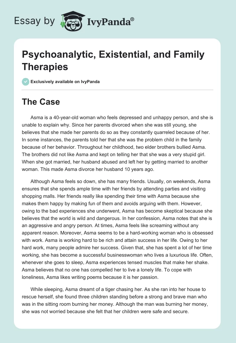 Psychoanalytic, Existential, and Family Therapies. Page 1