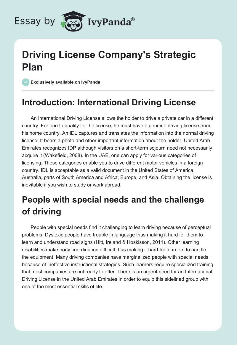 Driving License Company's Strategic Plan. Page 1