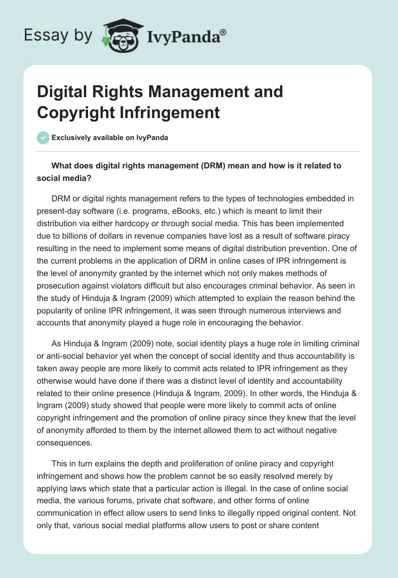 Digital Rights Management and Copyright Infringement. Page 1