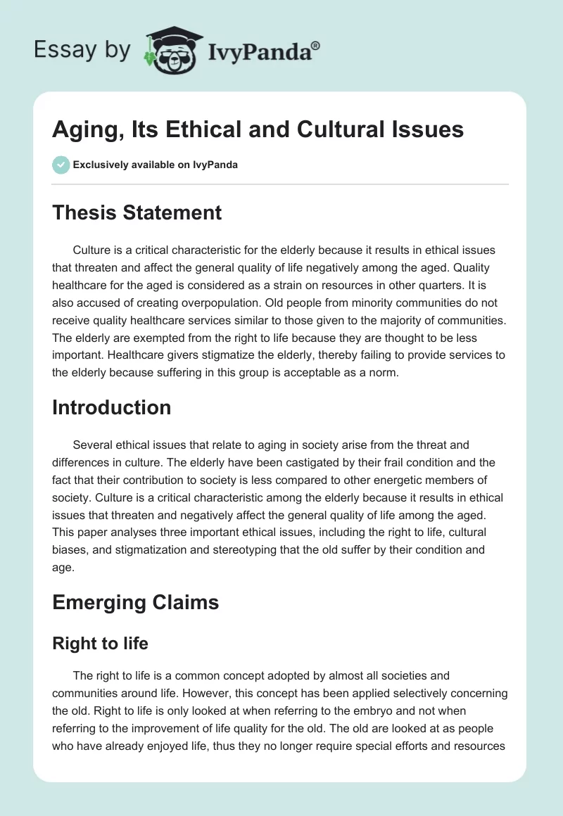 Aging, Its Ethical and Cultural Issues. Page 1