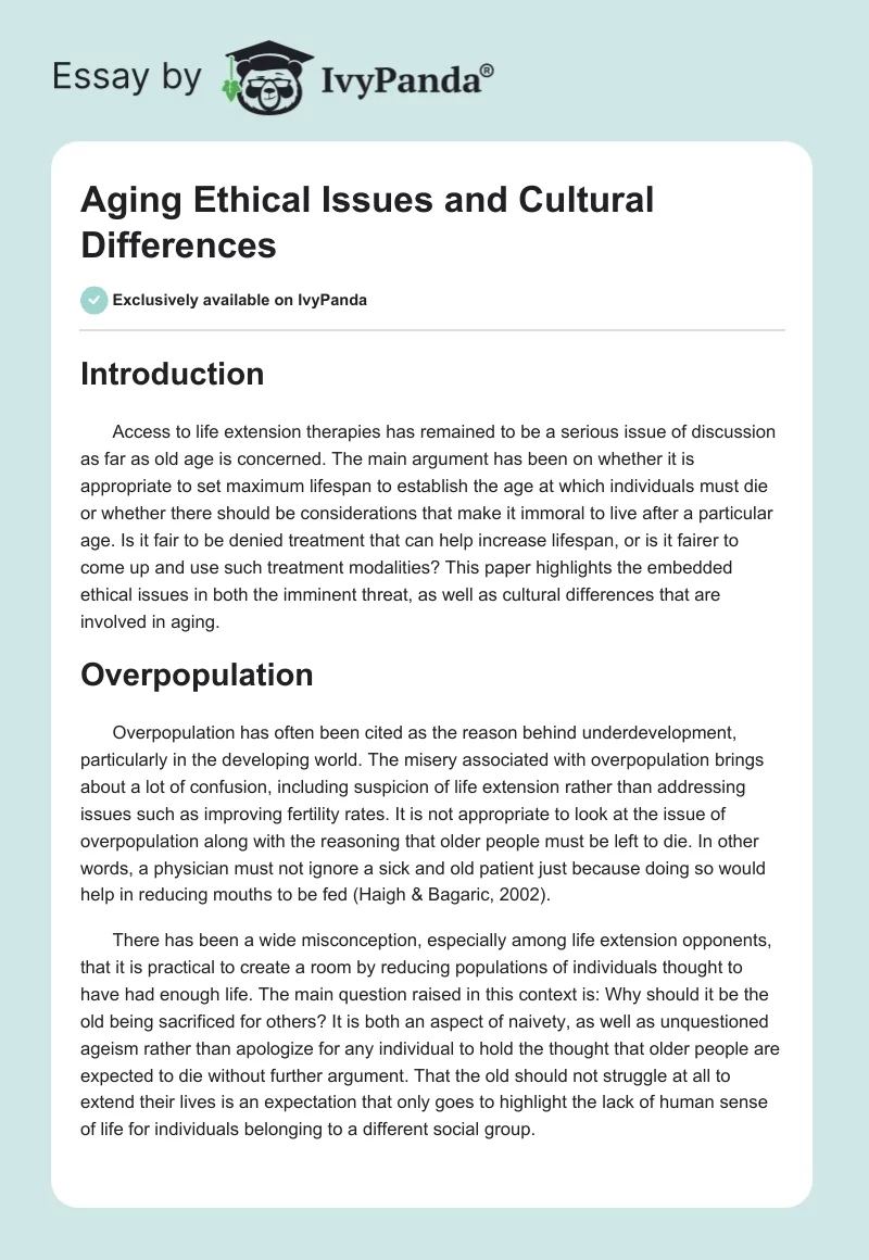 Aging Ethical Issues and Cultural Differences. Page 1