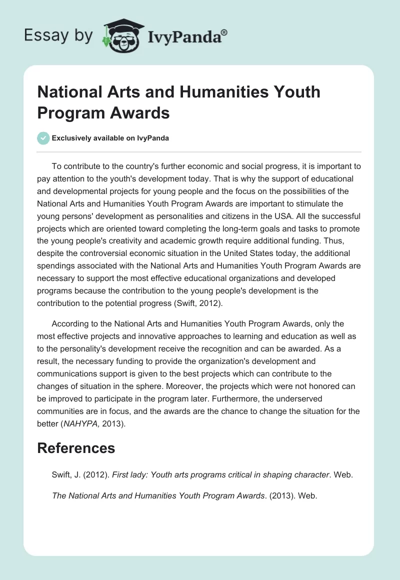 National Arts and Humanities Youth Program Awards. Page 1