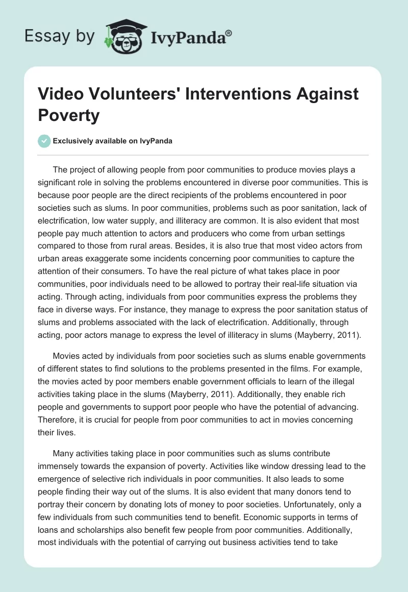 Video Volunteers' Interventions Against Poverty. Page 1