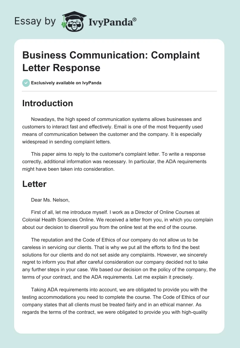 Business Communication: Complaint Letter Response. Page 1