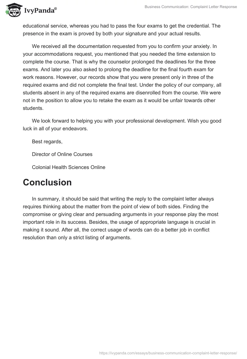 Business Communication: Complaint Letter Response. Page 2