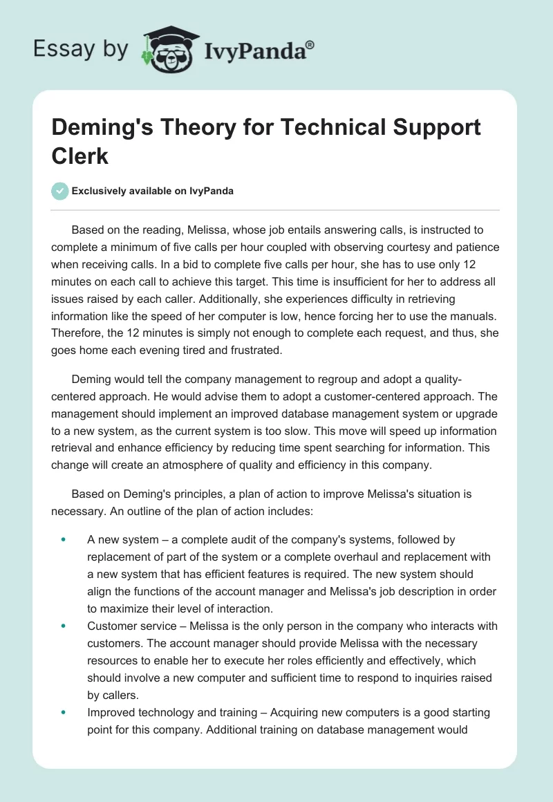Deming's Theory for Technical Support Clerk. Page 1