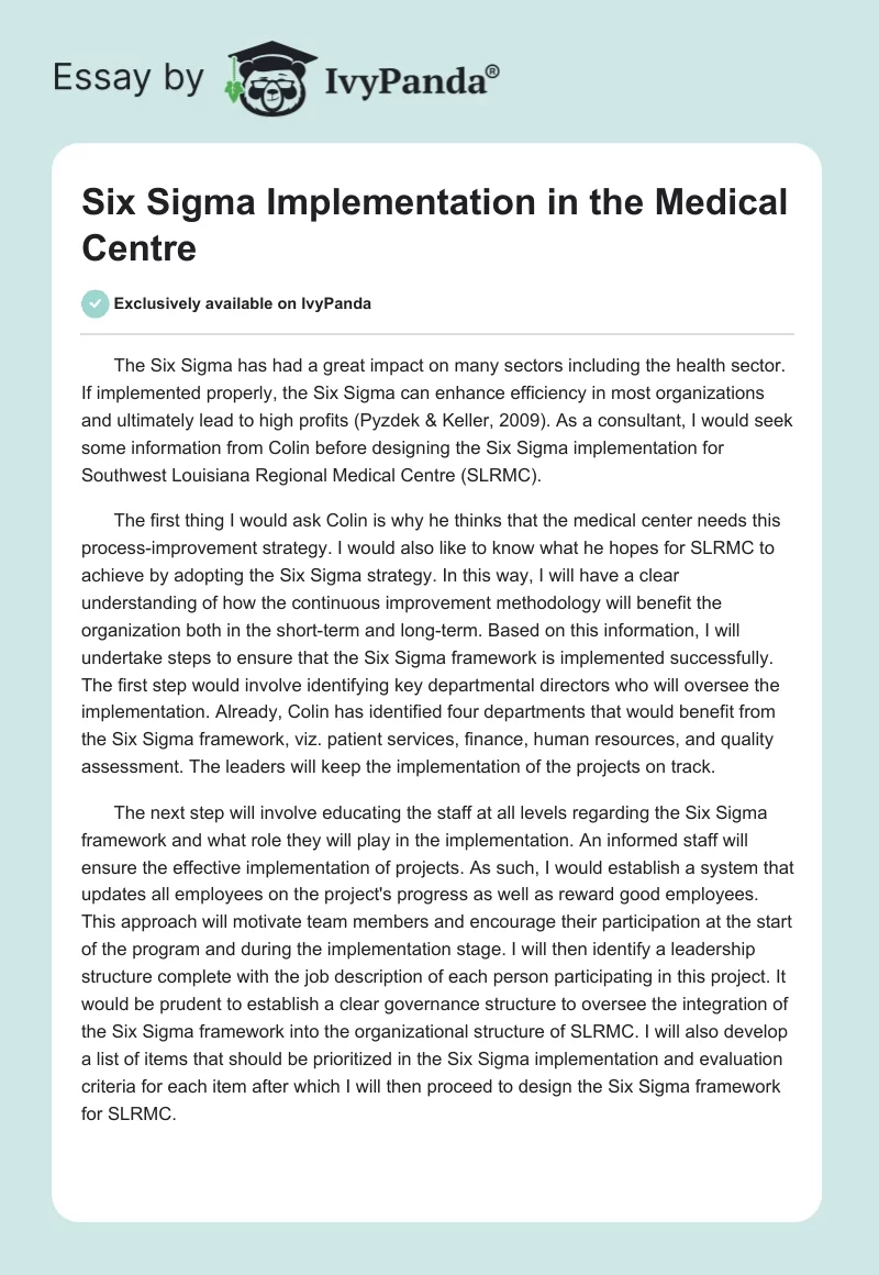Six Sigma Implementation in the Medical Centre. Page 1