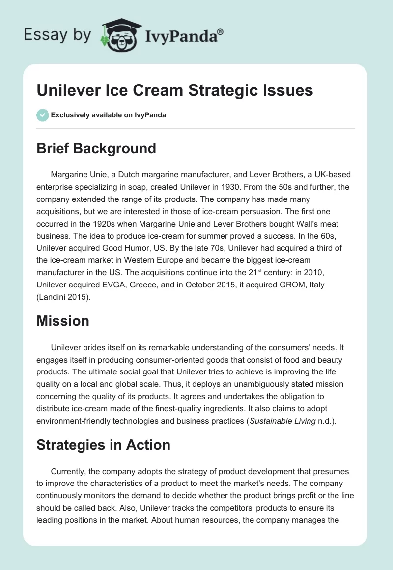 Unilever Ice Cream Strategic Issues. Page 1