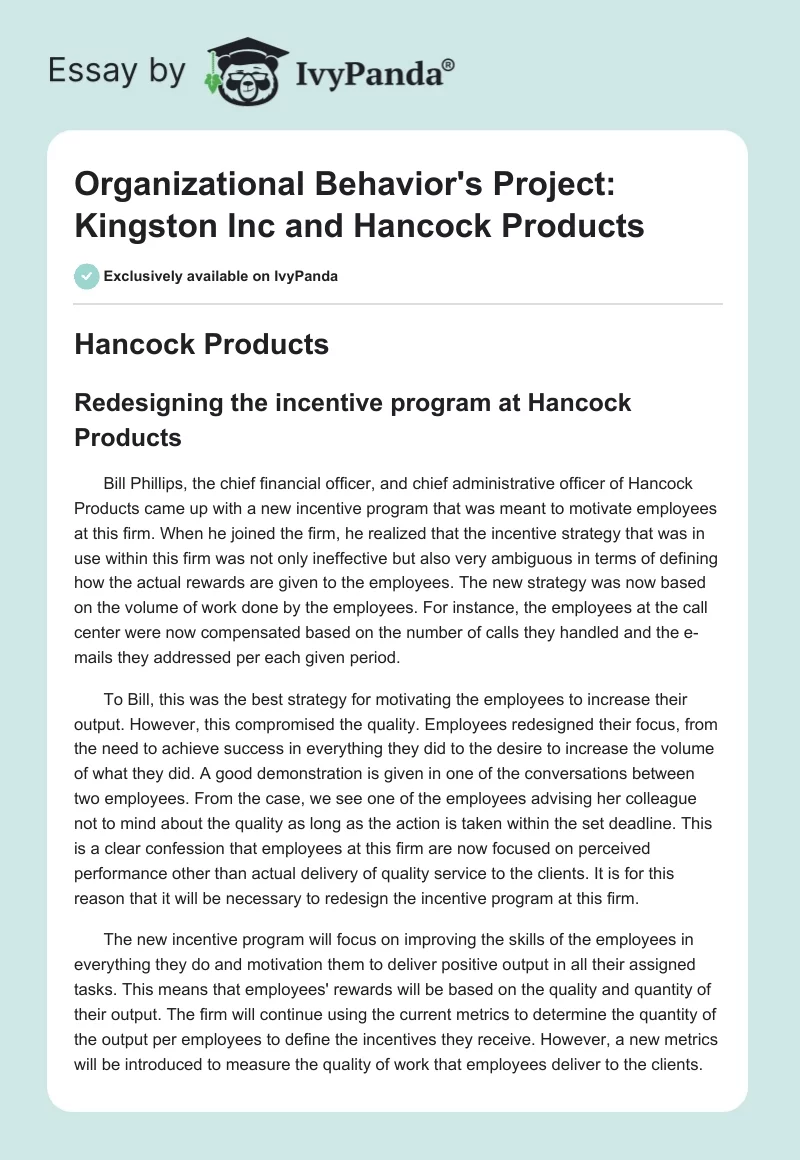 Organizational Behavior's Project: Kingston Inc and Hancock Products. Page 1
