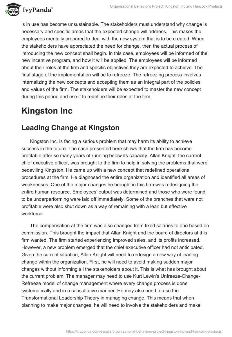 Organizational Behavior's Project: Kingston Inc and Hancock Products. Page 5