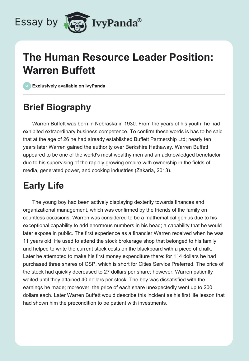 The Human Resource Leader Position: Warren Buffett. Page 1